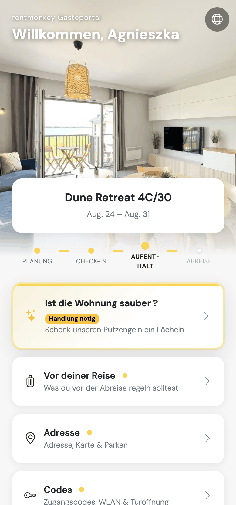 Das Gästeportal auf dem Handy, mit Reinigungsfeedback, Adresse und Zugangscodes