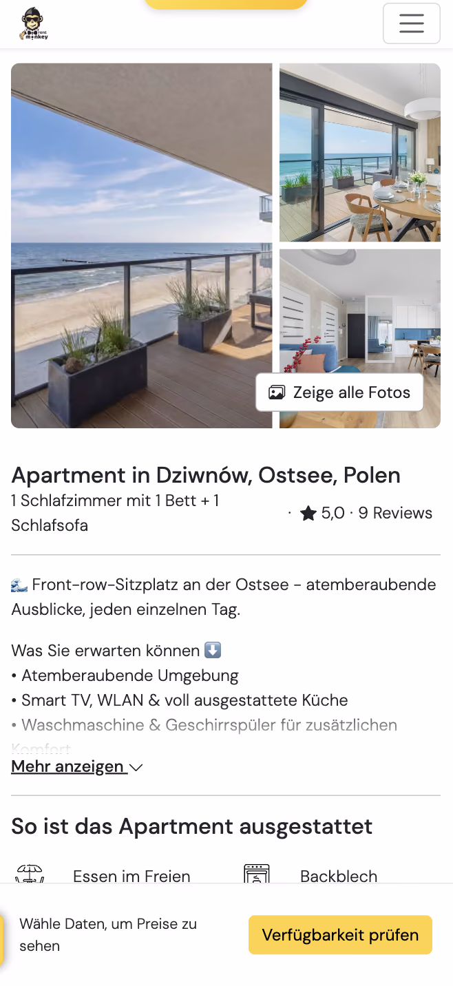 Ein rentmonkey-Wohnungsinserat auf unserer eigenen Seite, mit Fotos, Bewertung und Direktbuchung