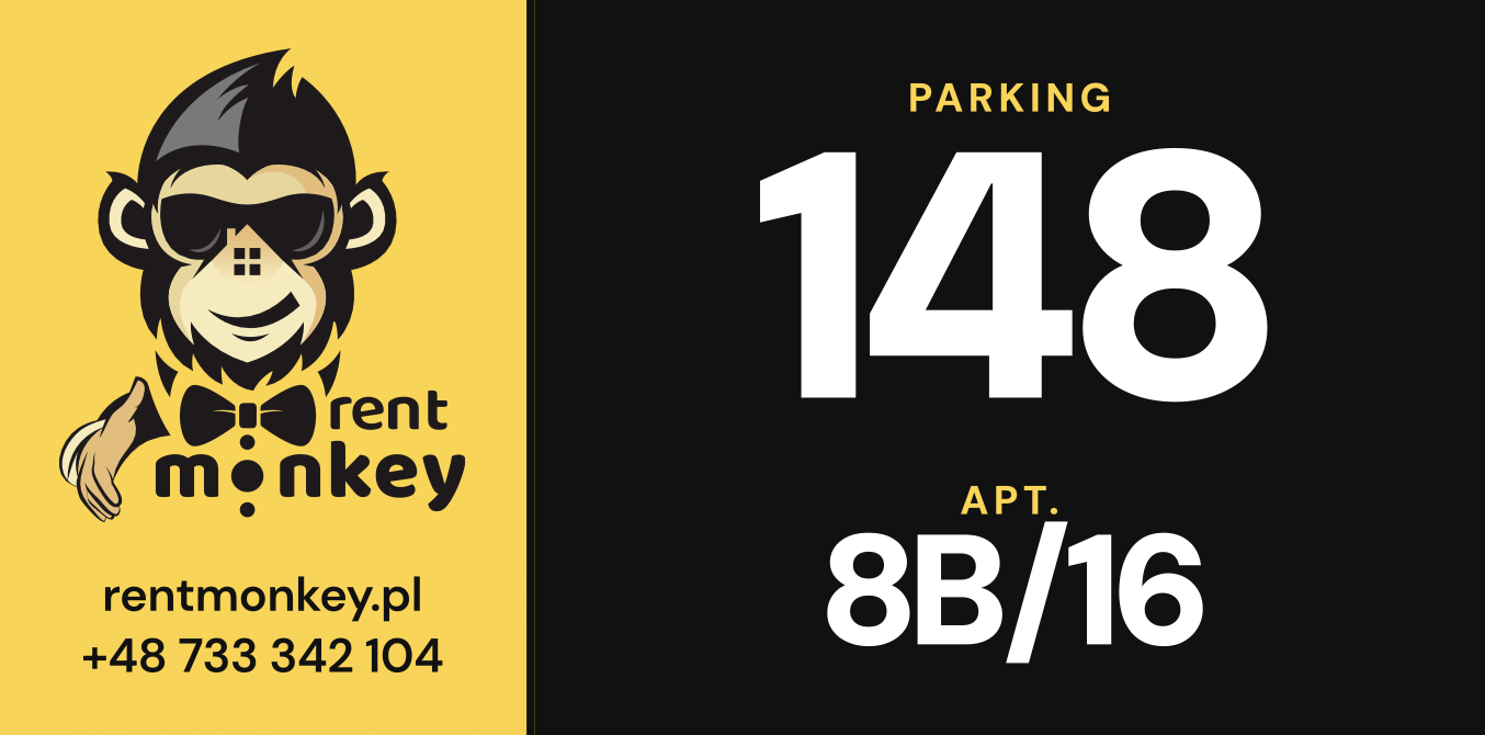 Ein rentmonkey-Parkschild für eine einzelne Wohnung, mit Stellplatz 148 und Wohnung 8B/16