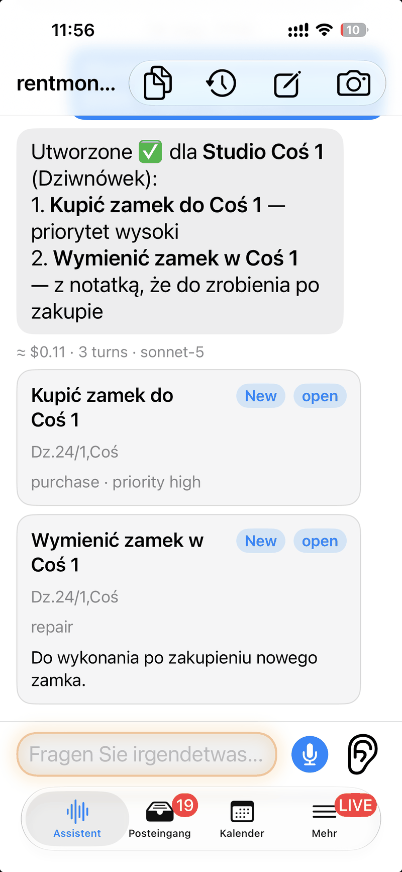 The same app taking a spoken note and turning it into two tasks on the right apartment