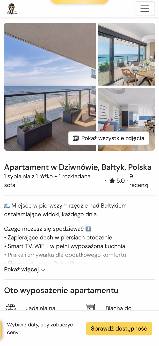 Ogłoszenie mieszkania rentmonkey na naszej własnej stronie, ze zdjęciami, oceną i rezerwacją bezpośrednią