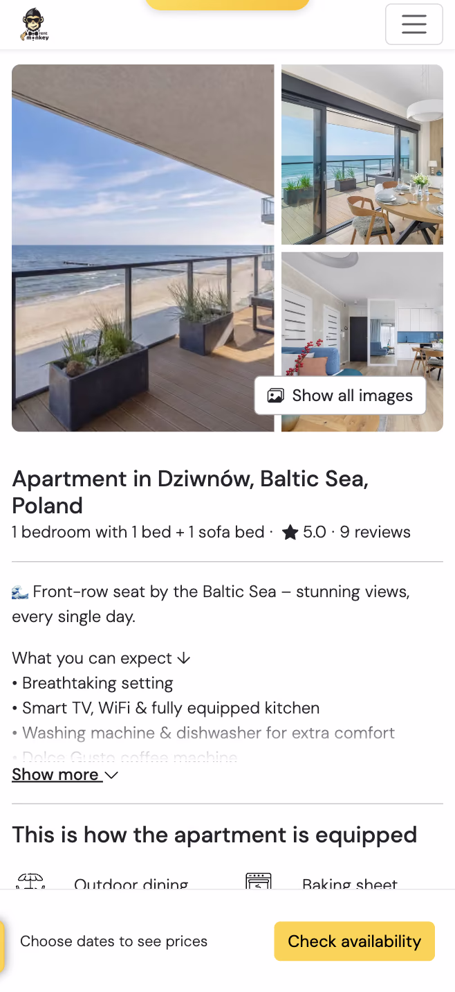 Kendi sitemizde bir rentmonkey daire ilanı: fotoğraflar, puan ve doğrudan rezervasyon
